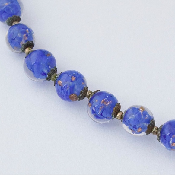 Vintage Venetian Glass Beaded Necklace Cobalt Blue Aventurine Bead Murano Italy - Picture 4 of 5